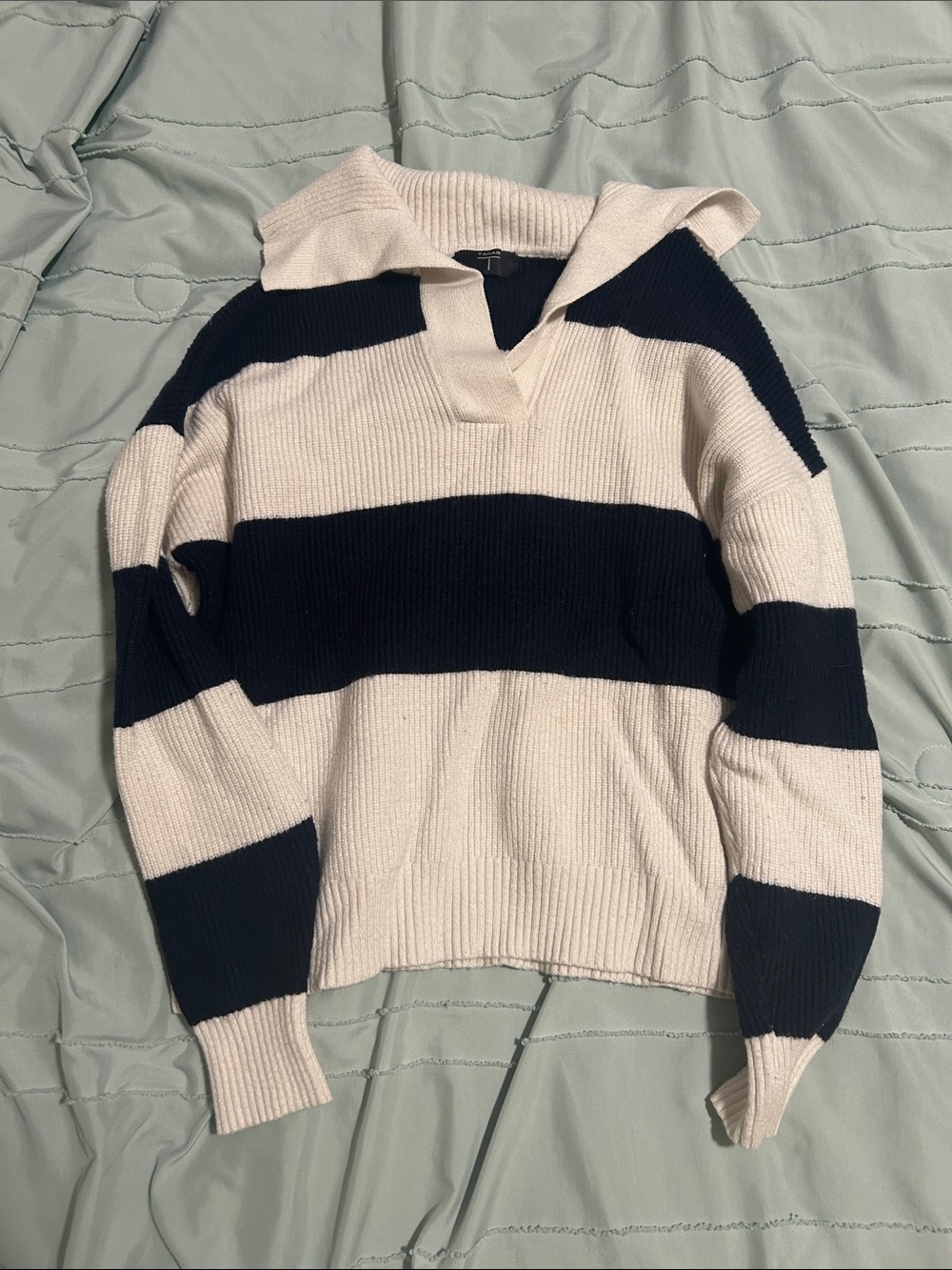 Striped Knit Polo Sweater in Black and Cream